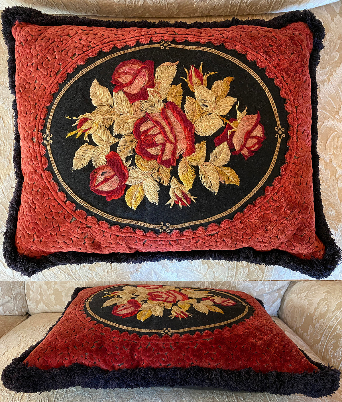 Antique Victorian Long-stitch Wool Embroidery, Needlework Panel Made into Throw Pillow 20" x 16"