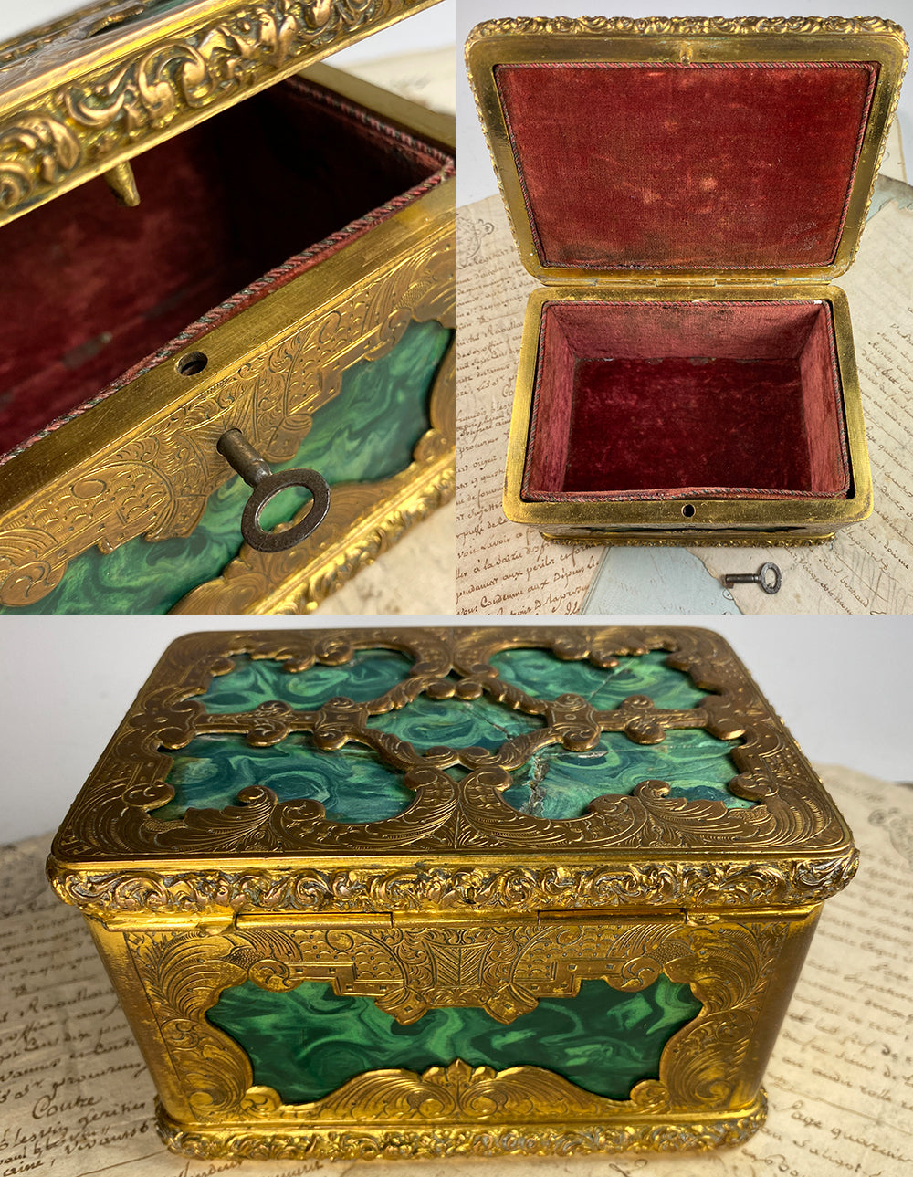 Rare Antique 19th c. French 5 3/8" Jewelry Box, Russian Malachite Panels, Working Lock, Key
