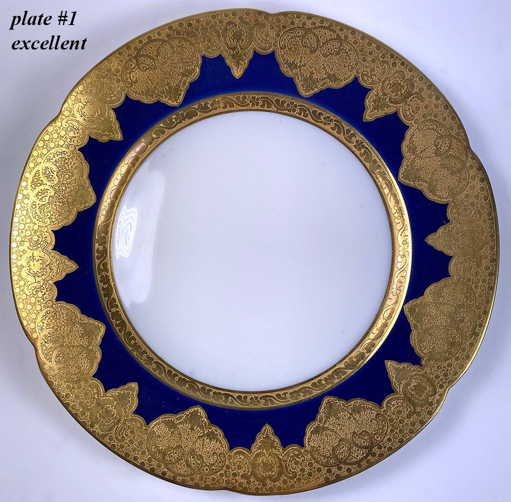 Pair Antique 10" Dinner Plates, Heavy Gold Encrusted Thèodore Haviland 1857 Cobalt