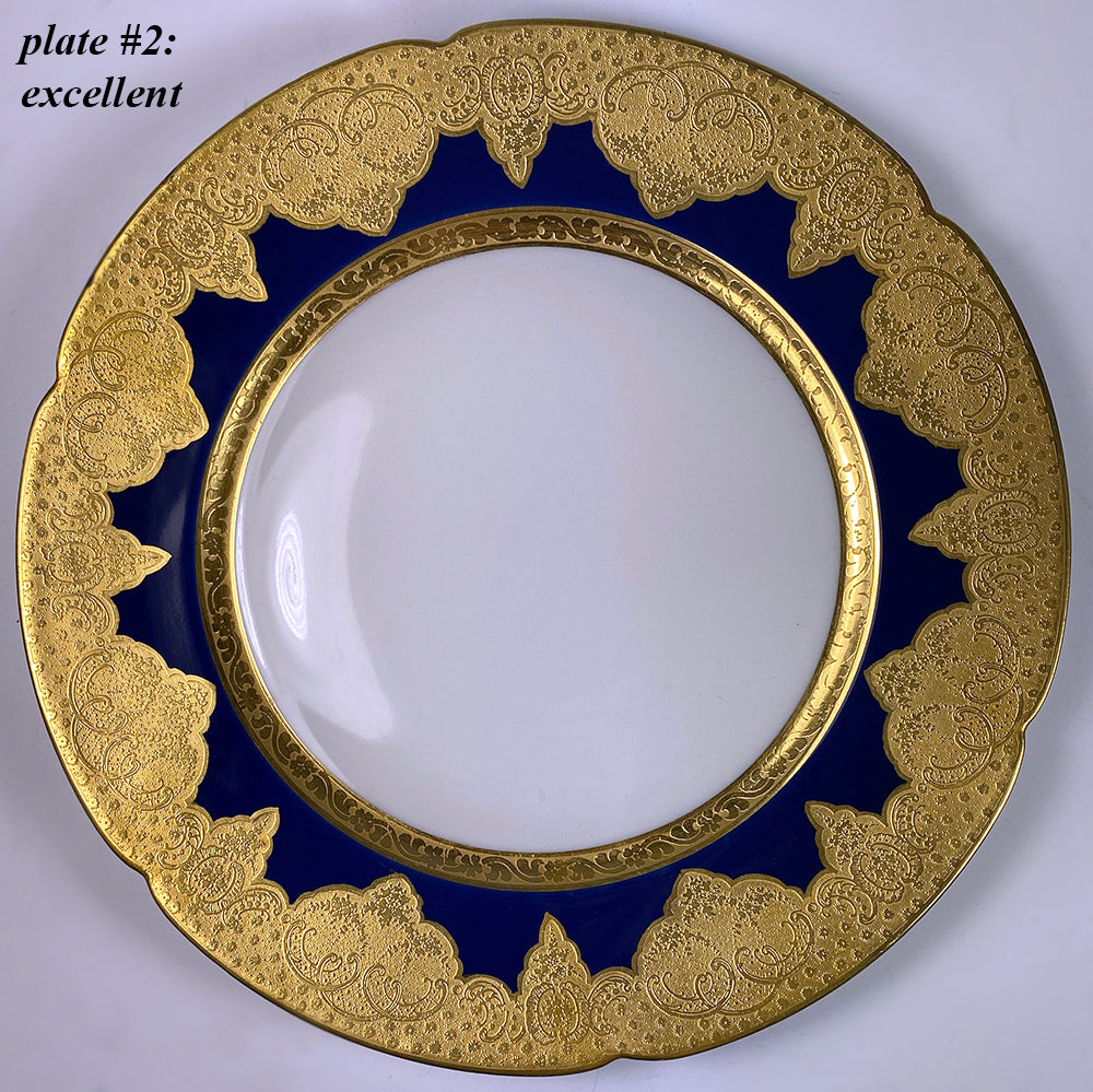 Pair Antique 10" Dinner Plates, Heavy Gold Encrusted Thèodore Haviland 1857 Cobalt