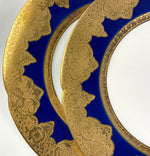 Pair Antique 10" Dinner Plates, Heavy Gold Encrusted Thèodore Haviland 1857 Cobalt