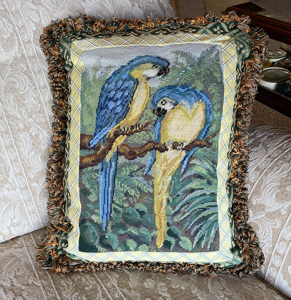 Vintage Decorator Crafted Needlepoint Sofa or Throw Pillow, Parrot Blues Greens, Passementerie
