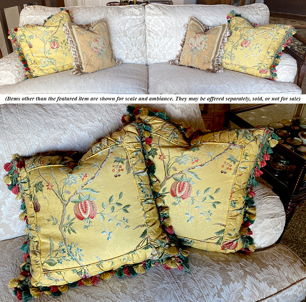 Pair Large Lush Fringe Vintage Down and Feather Fill Throw Pillows, Decorator Sofa Pillows (2)