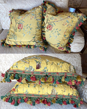 Pair Large Lush Fringe Vintage Down and Feather Fill Throw Pillows, Decorator Sofa Pillows (2)