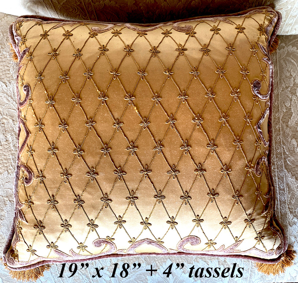 Large Vintage Silk and Velvet Embroidery Sofa or Throw Pillow, 4" Tassels, Velvet Piping