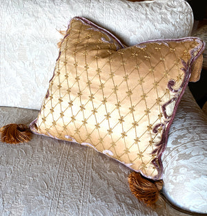 Large Vintage Silk and Velvet Embroidery Sofa or Throw Pillow, 4" Tassels, Velvet Piping