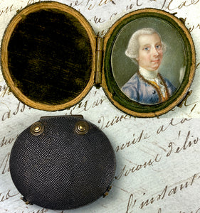 RARE Antique 18th Century French Portrait Miniature in Tiny Shagreen Case, Etui, c.1750s