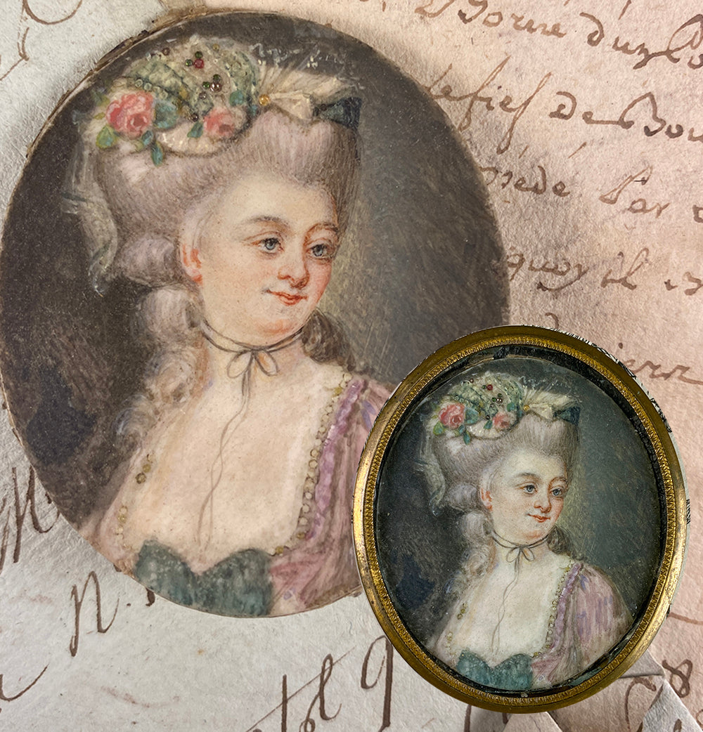 Antique 18th Century French Portrait Miniature, Louis XVI Era Beauty, Real Gems In Her Hair