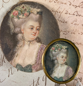 Antique 18th Century French Portrait Miniature, Louis XVI Era Beauty, Real Gems In Her Hair