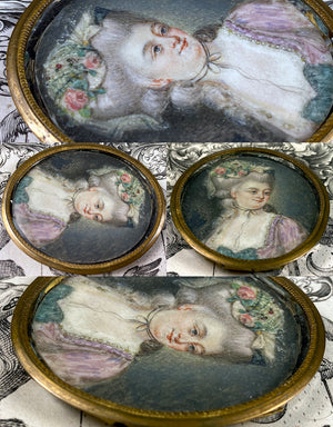 Antique 18th Century French Portrait Miniature, Louis XVI Era Beauty, Real Gems In Her Hair