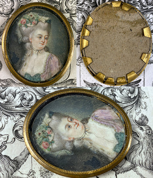 Antique 18th Century French Portrait Miniature, Louis XVI Era Beauty, Real Gems In Her Hair