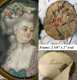 Antique 18th Century French Portrait Miniature, Louis XVI Era Beauty, Real Gems In Her Hair