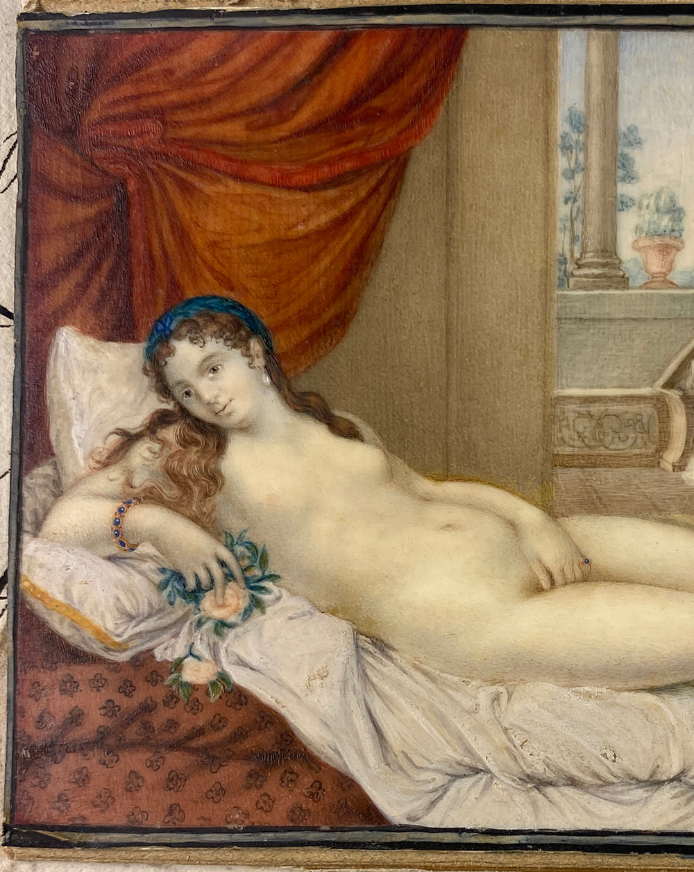 Fine 1840 Signed Portrait Miniature Painting aprés Titian, "Venus d' Urbino", Uffizi Grand Tour