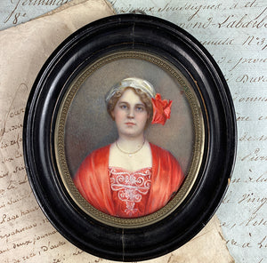 Antique Grand Tour Tourist's French Portrait Miniature, Edwardian Era Fashion, in Frame