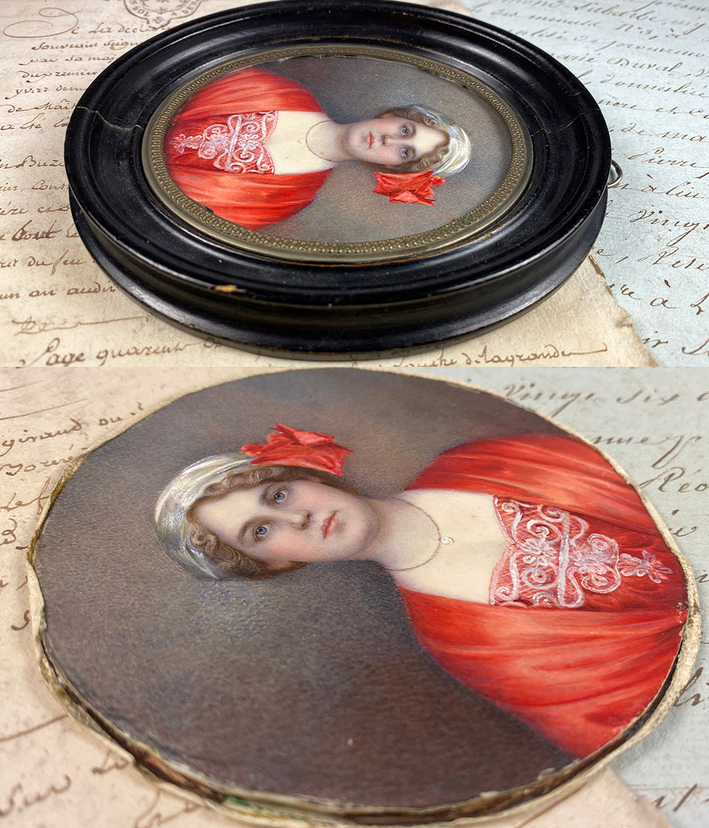 Antique Grand Tour Tourist's French Portrait Miniature, Edwardian Era Fashion, in Frame