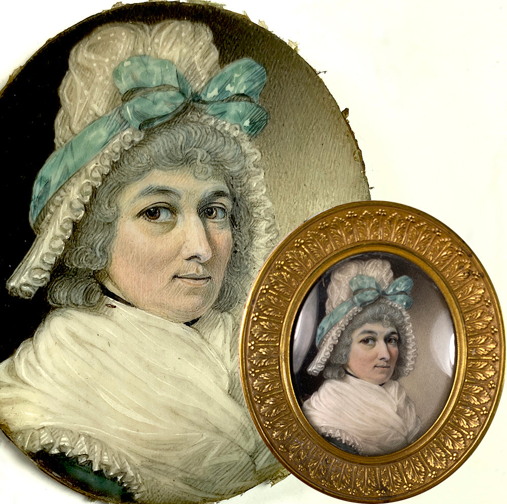 Antique 18th Century French Portrait Miniature, Lace Bonnet, Fichu, Powdered Hair, c.1750s