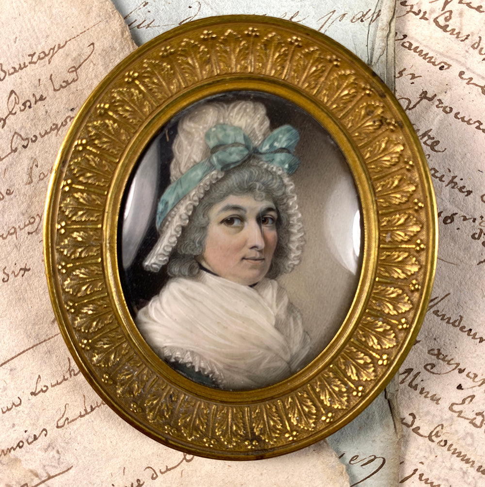 Antique 18th Century French Portrait Miniature, Lace Bonnet, Fichu, Powdered Hair, c.1750s