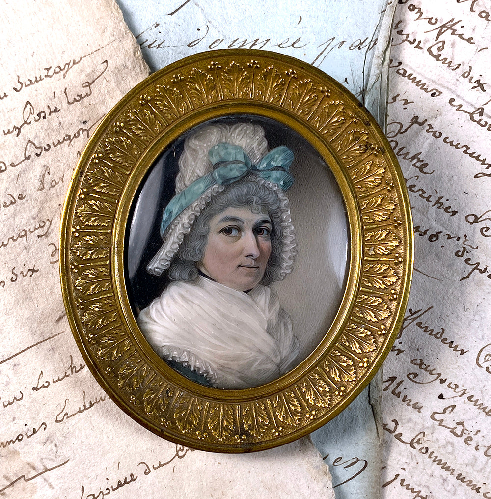 Antique 18th Century French Portrait Miniature, Lace Bonnet, Fichu, Powdered Hair, c.1750s