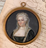 Antique French Portrait Miniature, 18th Century Beauty in Lace Veil and Pearls, Locket Frame