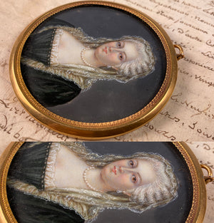 Antique French Portrait Miniature, 18th Century Beauty in Lace Veil and Pearls, Locket Frame