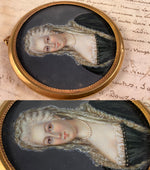 Antique French Portrait Miniature, 18th Century Beauty in Lace Veil and Pearls, Locket Frame