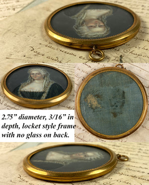 Antique French Portrait Miniature, 18th Century Beauty in Lace Veil and Pearls, Locket Frame