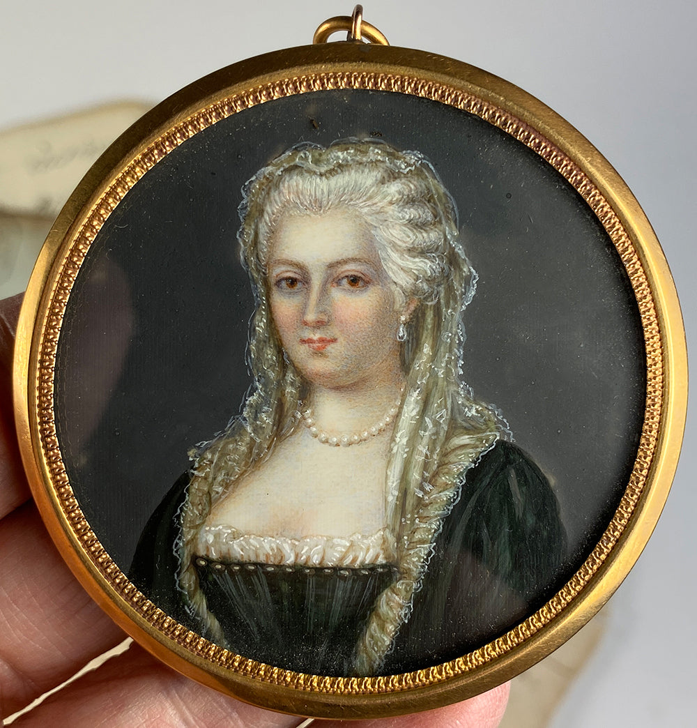 Antique French Portrait Miniature, 18th Century Beauty in Lace Veil and Pearls, Locket Frame