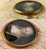 Antique French Portrait Miniature, 18th Century Beauty in Lace Veil and Pearls, Locket Frame