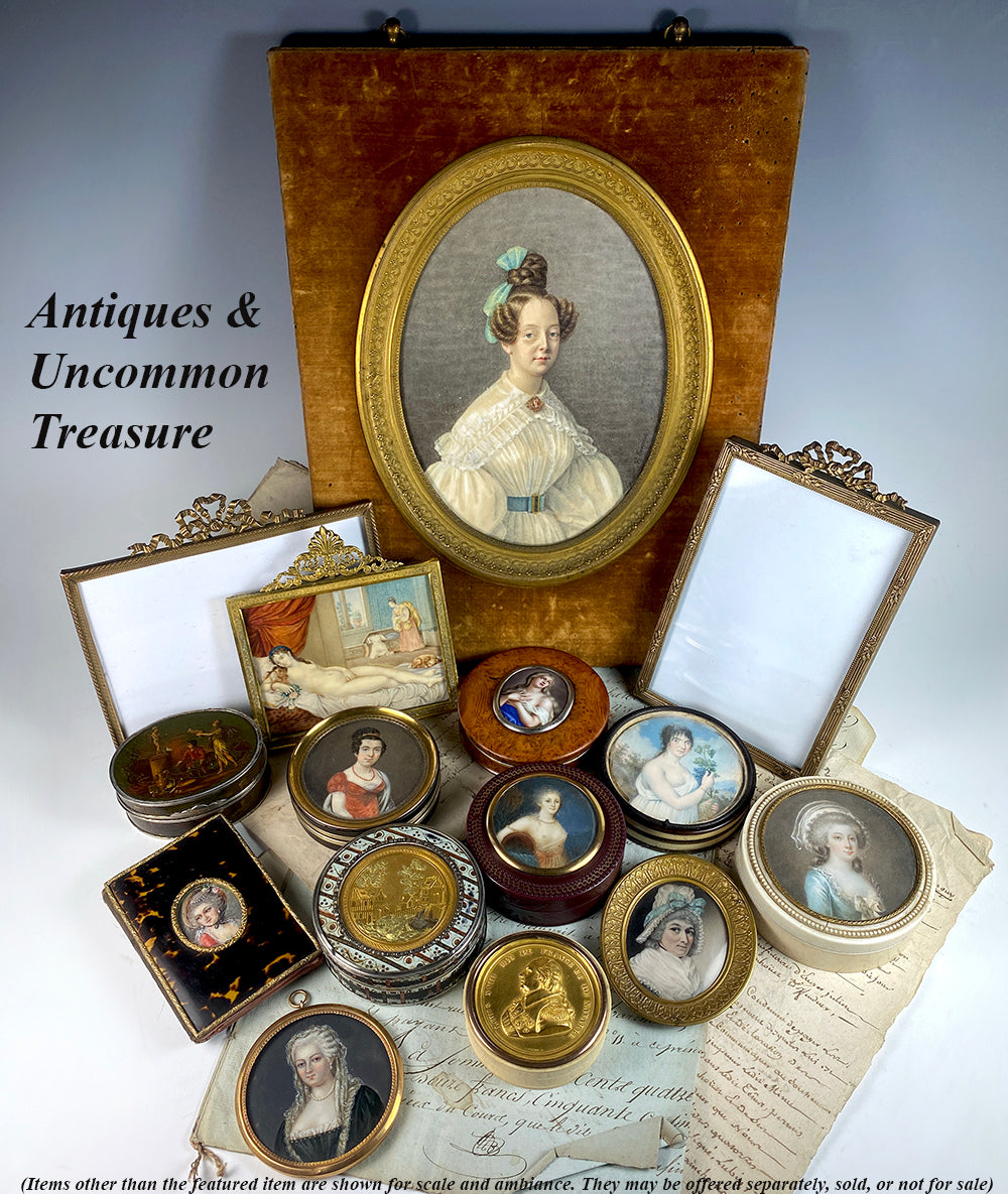 Antique French Portrait Miniature, 18th Century Beauty in Lace Veil and Pearls, Locket Frame