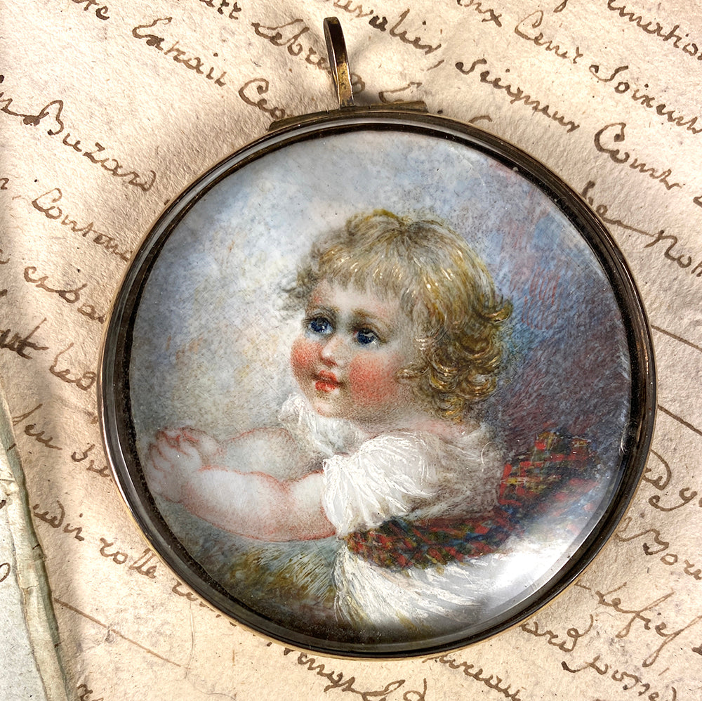 Antique American or English Portrait Miniature of a Blond Child, Baby, Girl in Tartan Sash Locket Pendant Frame