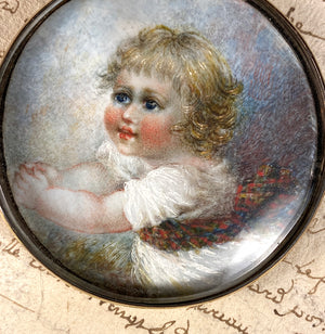 Antique American or English Portrait Miniature of a Blond Child, Baby, Girl in Tartan Sash Locket Pendant Frame