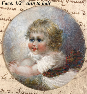 Antique American or English Portrait Miniature of a Blond Child, Baby, Girl in Tartan Sash Locket Pendant Frame