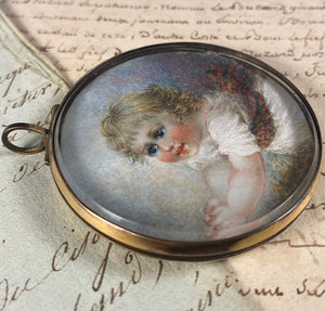 Antique American or English Portrait Miniature of a Blond Child, Baby, Girl in Tartan Sash Locket Pendant Frame