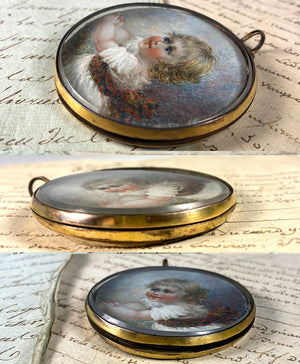 Antique American or English Portrait Miniature of a Blond Child, Baby, Girl in Tartan Sash Locket Pendant Frame