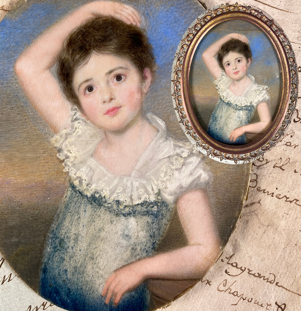 Stunning Antique Portrait Miniature of Young Girl, British or American Child, Easel Frame