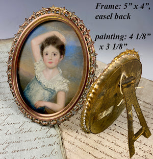 Stunning Antique Portrait Miniature of Young Girl, British or American Child, Easel Frame