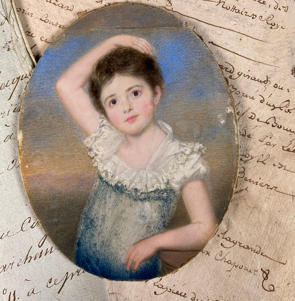 Stunning Antique Portrait Miniature of Young Girl, British or American Child, Easel Frame