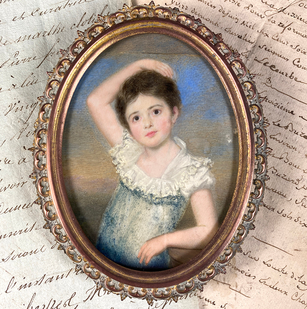 Stunning Antique Portrait Miniature of Young Girl, British or American Child, Easel Frame