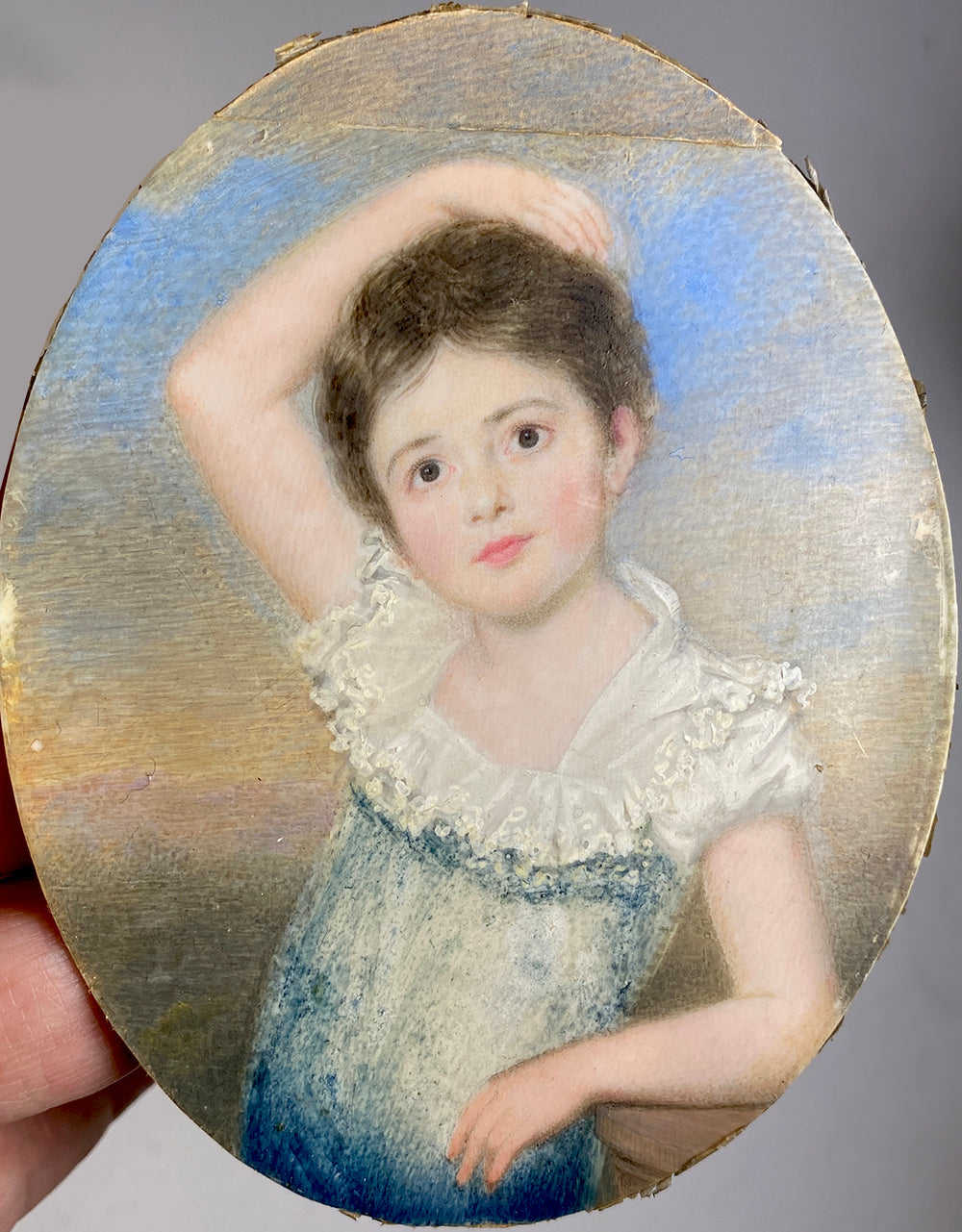 Stunning Antique Portrait Miniature of Young Girl, British or American Child, Easel Frame