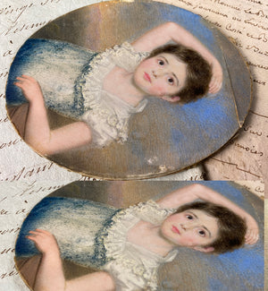 Stunning Antique Portrait Miniature of Young Girl, British or American Child, Easel Frame