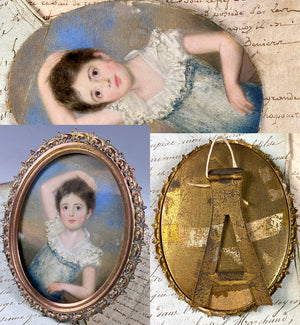 Stunning Antique Portrait Miniature of Young Girl, British or American Child, Easel Frame