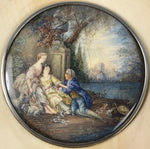 RARE Antique French Vanity Mirror, Brush in Ivory, HP Miniature Portrait Paintings, Romantic Era, 19th C.