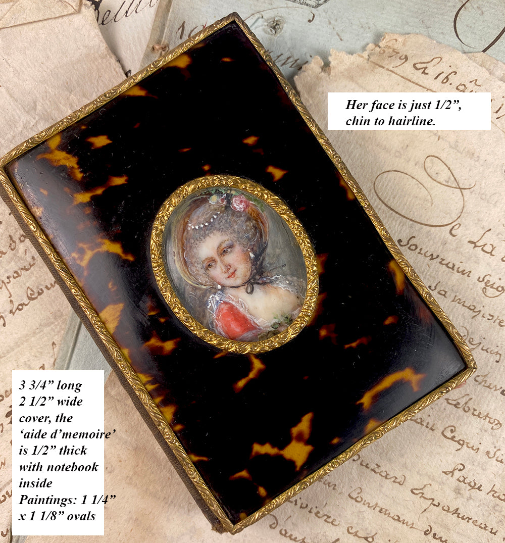 Antique French Tortoise Shell Aide d'Memoire, Necessaire with 2 Portrait Miniatures, c.1840s