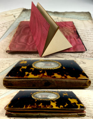 Antique French Tortoise Shell Aide d'Memoire, Necessaire with 2 Portrait Miniatures, c.1840s