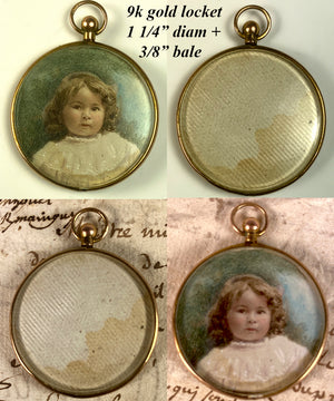 Tiny Sweet Antique English Edwardian Era Portrait Miniature of a Child, 9K Gold Locket, Pendant c. 1900