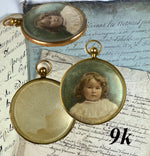 Tiny Sweet Antique English Edwardian Era Portrait Miniature of a Child, 9K Gold Locket, Pendant c. 1900