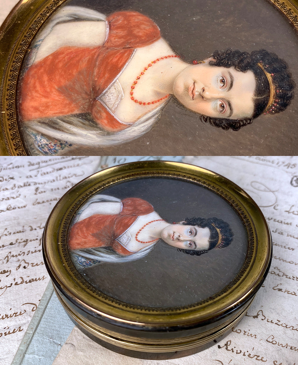 Antique French Empire Portrait Miniature Snuff Box, Garnet Tiara, Red Coral Necklace