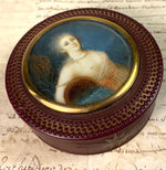 Fine Antique French 18th Century Portrait Miniature Snuff Box, 18k Gold Pique, Allegory of River, Naughty