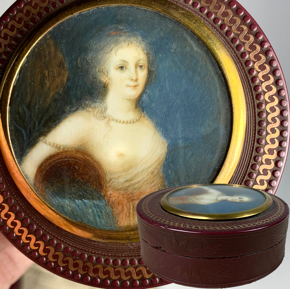 Fine Antique French 18th Century Portrait Miniature Snuff Box, 18k Gold Pique, Allegory of River, Naughty