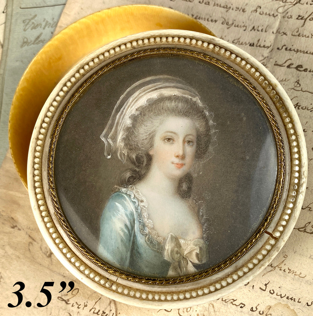 Antique French Table Snuff or Powder Box, Ivory, Portrait Miniature of 18th Century Beauty